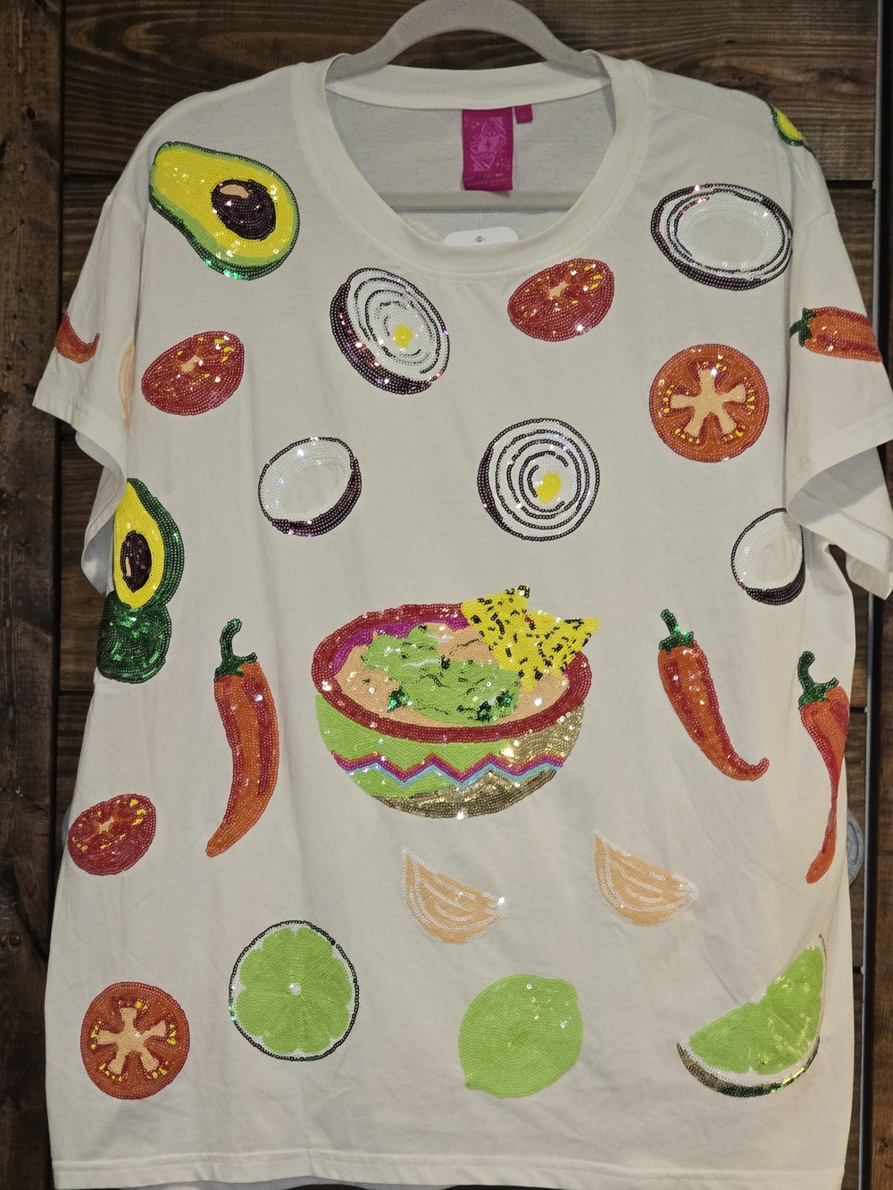 QUEEN OF SPARKLES Cream Sequin Guacamole Tee with Multicolor Food Motifs